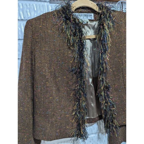 Noviello Bloom Women's Brown Fringed Trim Fluffy Embellished Skirt Suit Size 10 - Picture 2 of 7